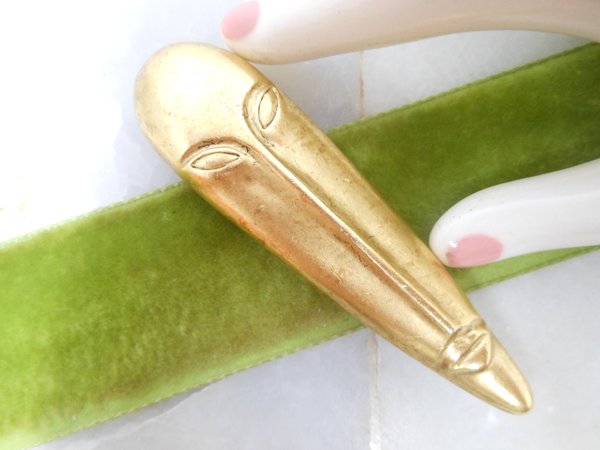 Vintage MJENT Alien Brooch Large Pin Gold Plate tribal Boho Mask Etruscan Novelty UFO Kitsch Designer Mid Century Jewelry, VivianJoel.com