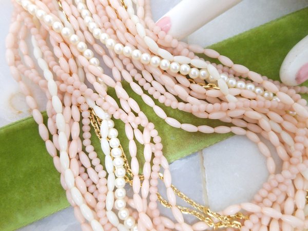 Vintage Crown TRIFARI Bead Necklace Multi Strand Pink Blush Plastic Gold Chain Faux Pearl Mid Century Designer Jewelry Gift, VivianJoel.com