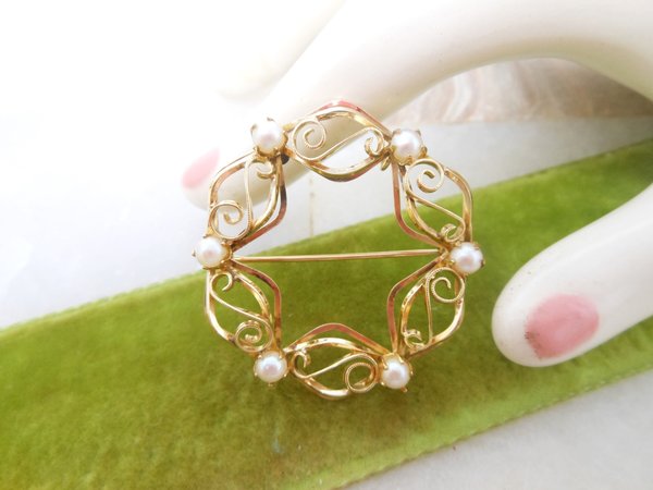 Vintage Gold Fill Brooch Pearl GF Pin Delicate Classic Wreath pendant Mid Century Designer TK or KT Mid Century Jewelry Gift, VivianJoel.com