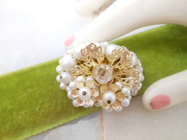 Vintage Pearl Bead Brooch Flower Cluster Pin  Ornate Classic Regency Revival JAPAN Jewelry Gift Mid Century, VivianJoel.com