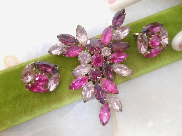 Vintage Pink Rhinestone Brooch Flower Crystal Pin Clip On Earrings Set Purple Fuschia Crystal Jewelry Gift Mid Century, VivianJoel.com