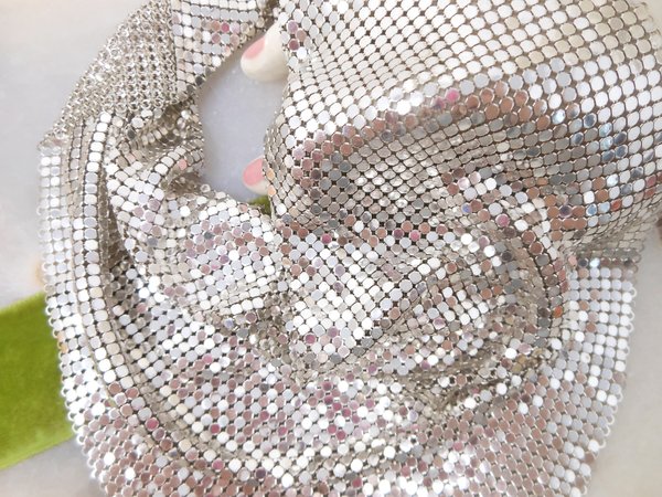 Vintage WHITING DAVIS Mesh Necklace Scarf Bib Silvertone Iconic Liquid Metal Designer Mid Century Jewelry Gift,  VivianJoel.com