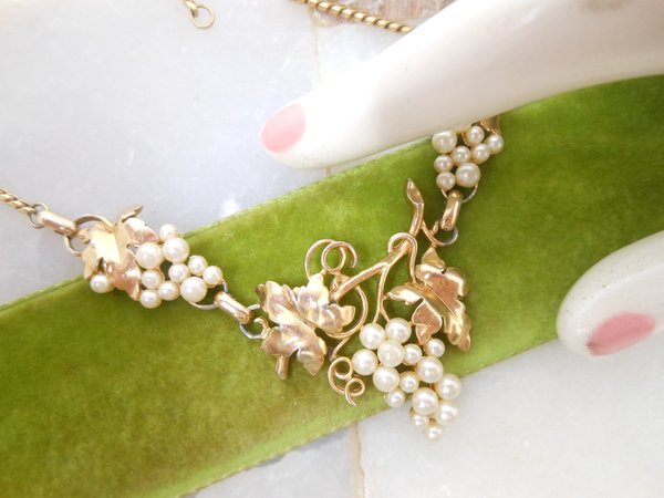 Vintage Pearl Grape Floral Necklace Gold Plate Choker Collar Elegant Classic Retro Wedding Mid Century Jewelry Gift, VivianJoel.com